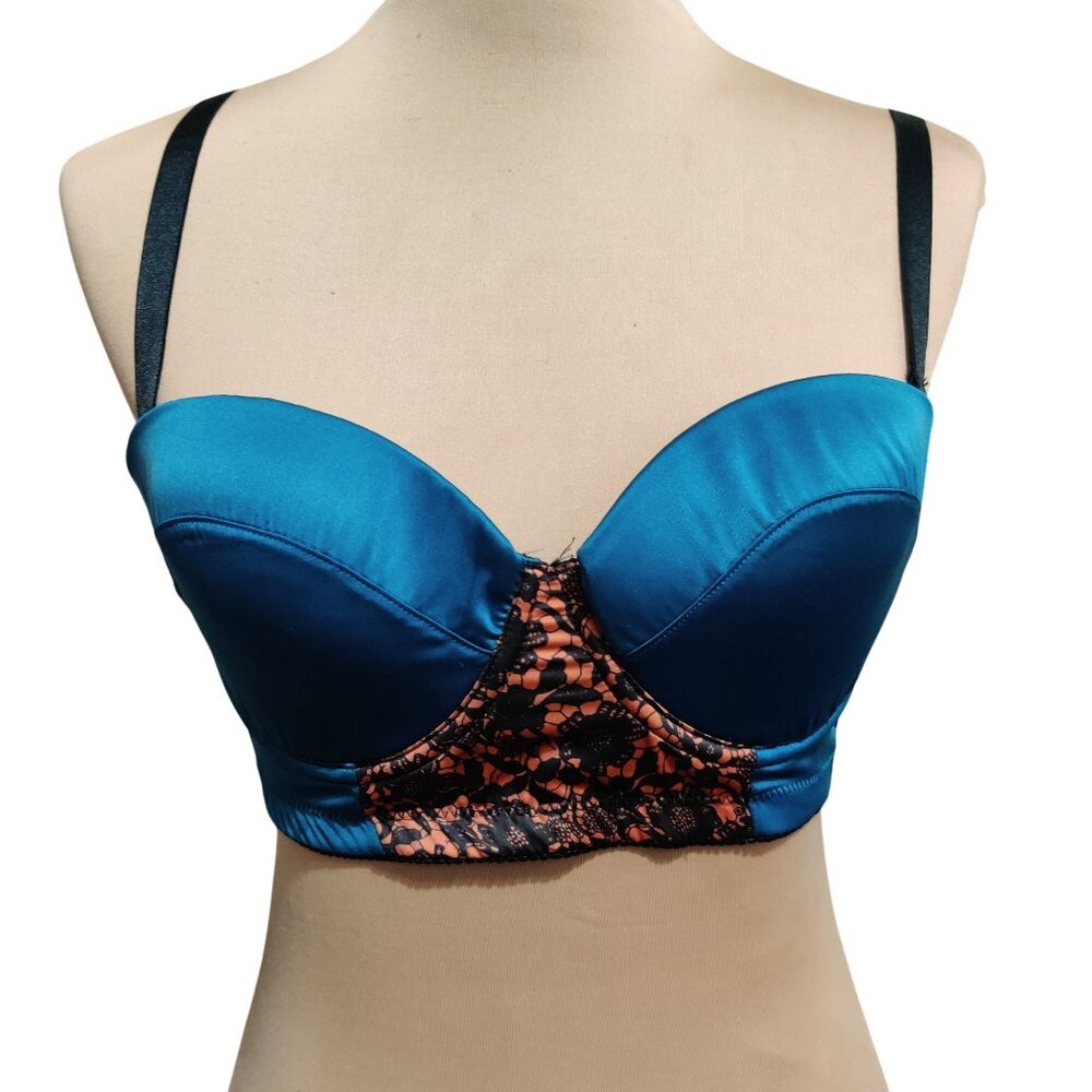 Playful Promises 34DD teal satin convertible bra black orange accent longline